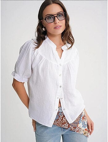Camisa de mistura de linho de manga curta com botões mixray