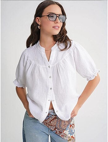 Camisa de mistura de linho de manga curta com botões mixray