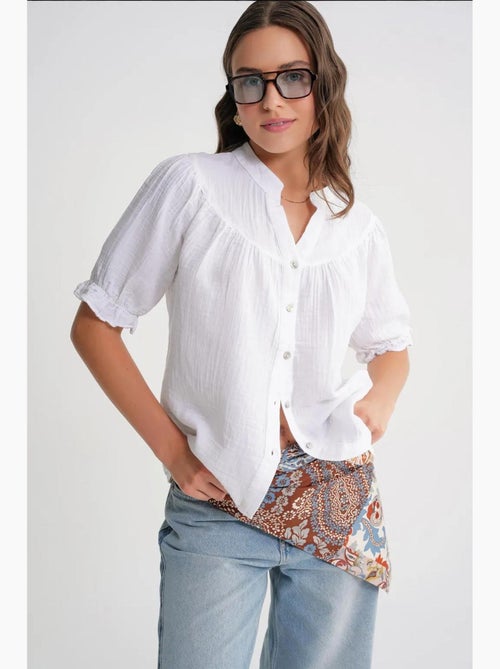 Camisa de mistura de linho de manga curta com botões mixray - Kiabi