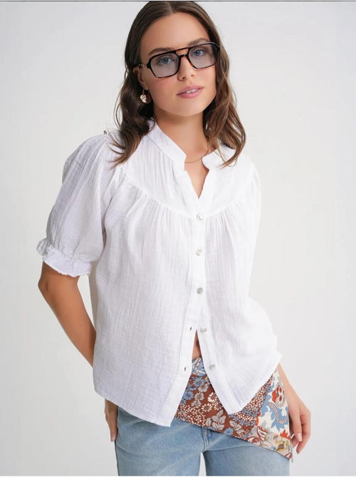 Camisa de mistura de linho de manga curta com botões mixray - Kiabi