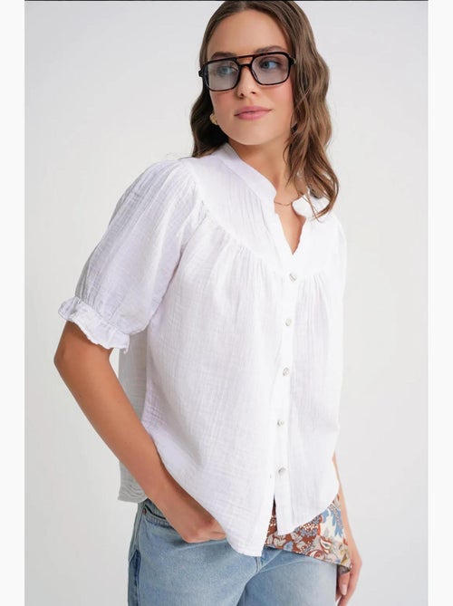 Camisa de mistura de linho de manga curta com botões mixray - Kiabi