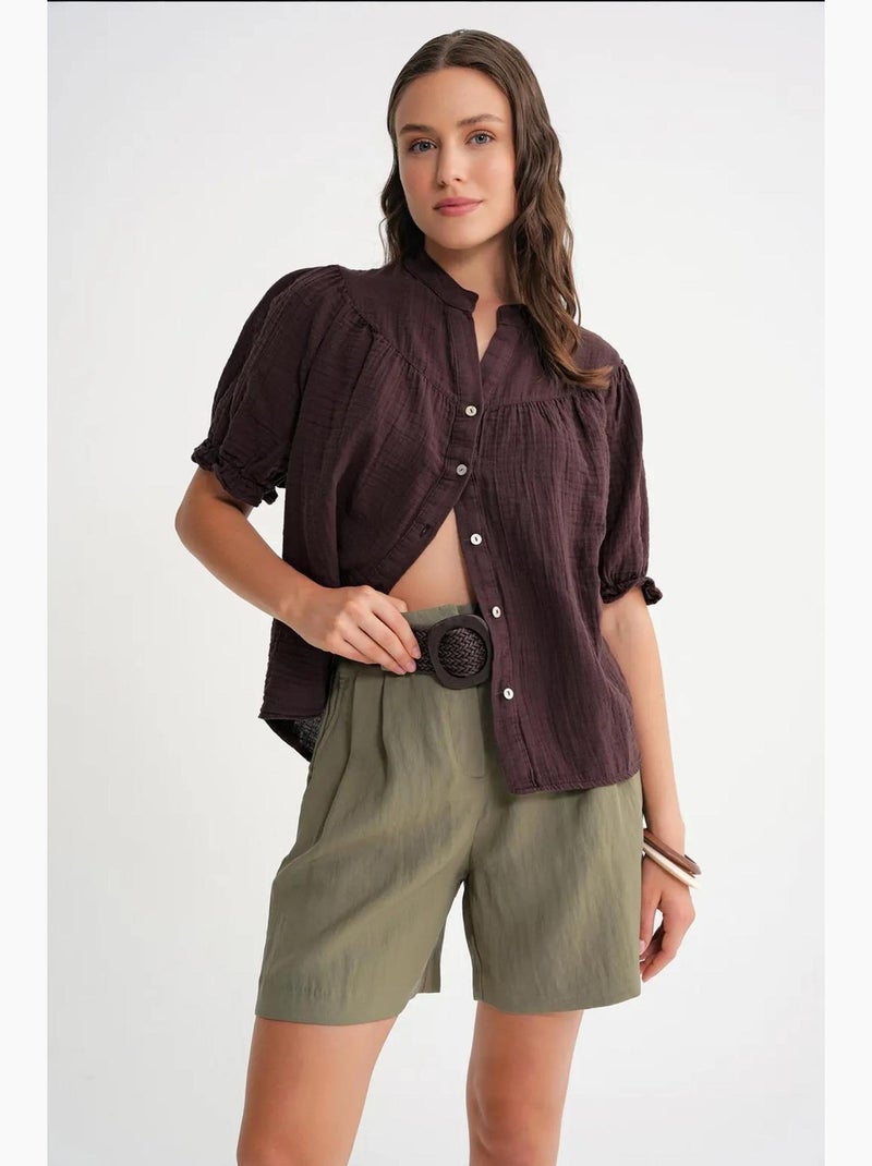 Camisa de mistura de linho de manga curta com botões mixray Castanho-escuro - Kiabi