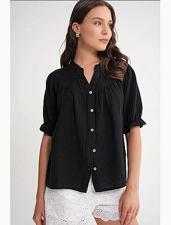 Camisa de mistura de linho de manga curta com botões mixray