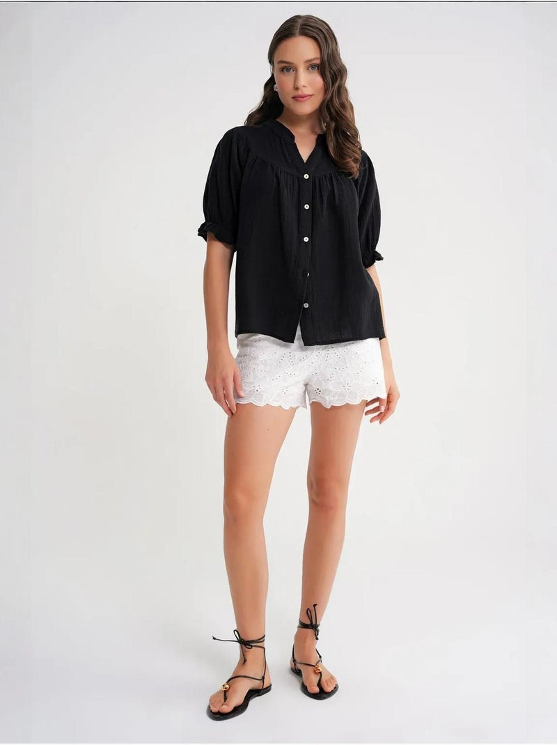 Camisa de mistura de linho de manga curta com botões mixray Preto - Kiabi