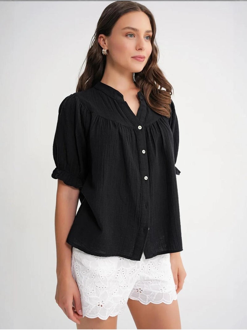 Camisa de mistura de linho de manga curta com botões mixray Preto - Kiabi