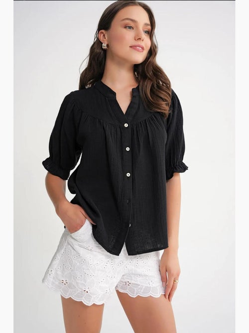 Camisa de mistura de linho de manga curta com botões mixray - Kiabi
