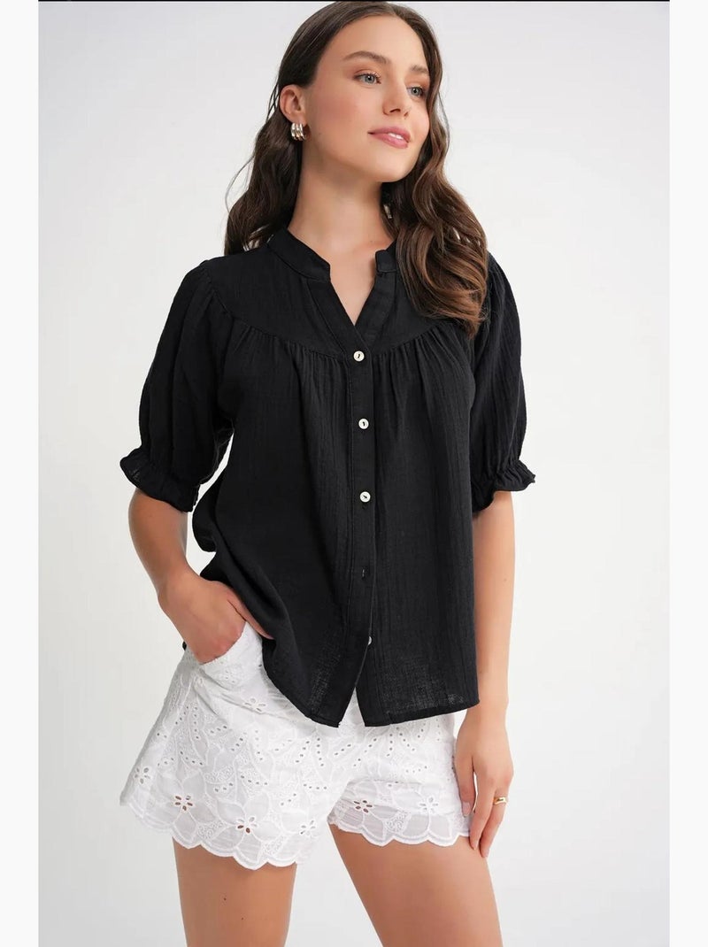 Camisa de mistura de linho de manga curta com botões mixray Preto - Kiabi
