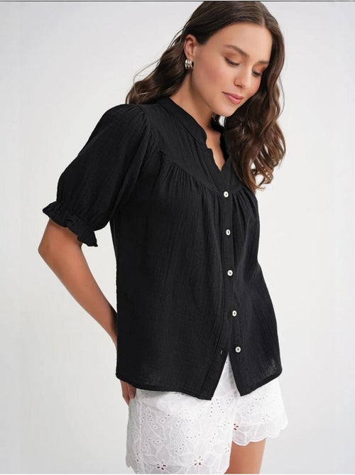 Camisa de mistura de linho de manga curta com botões mixray - Kiabi