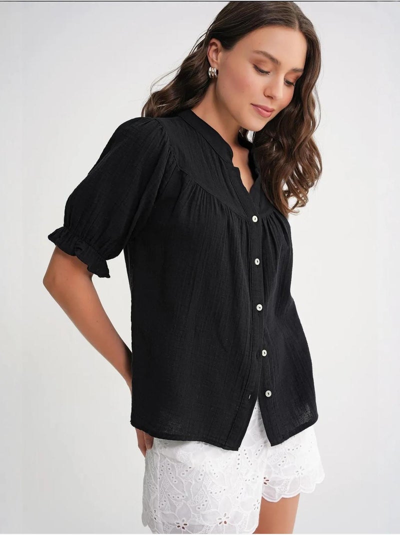 Camisa de mistura de linho de manga curta com botões mixray Preto - Kiabi