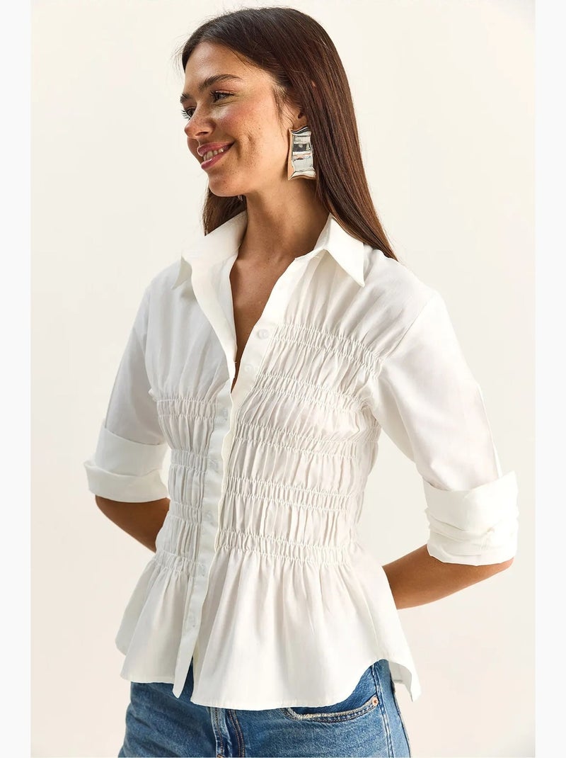 Camisa de mulher em popelina de mistura de algodão de corte regular lucci Branco - Kiabi