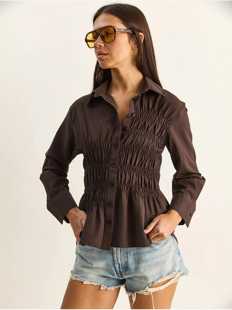 Camisa de mulher em popelina de mistura de algodão de corte regular lucci Castanho - Kiabi
