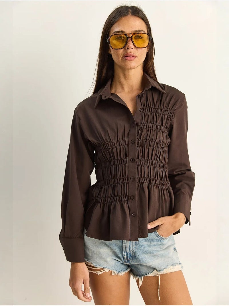 Camisa de mulher em popelina de mistura de algodão de corte regular lucci Castanho - Kiabi