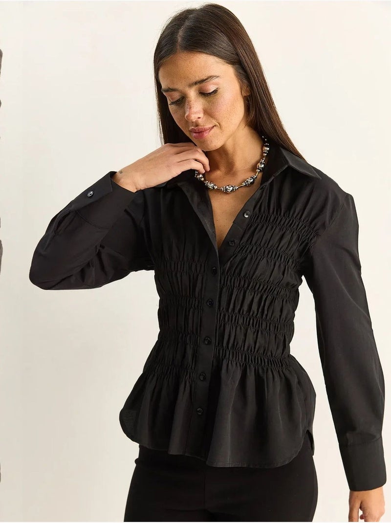Camisa de mulher em popelina de mistura de algodão de corte regular lucci Preto - Kiabi