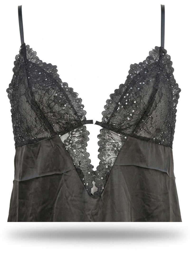 Camisa de noite e kimono mulher cetim efeito seda renda com lantejoulas ozabi Preto - Kiabi