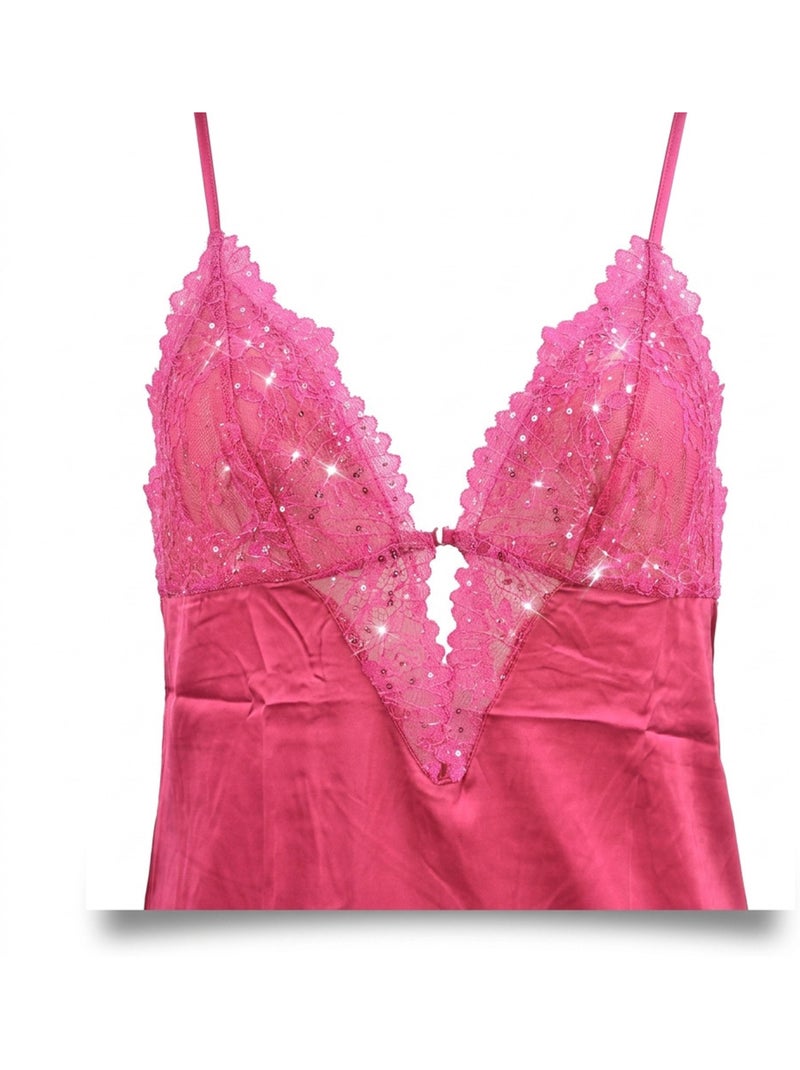 Camisa de noite e kimono mulher cetim efeito seda renda com lantejoulas ozabi Rosa - Kiabi