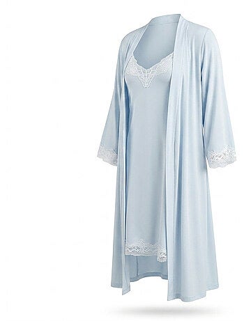 Camisa de noite e quimono mulher 2 peças viscose renda floral ozabi cinto