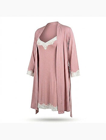Camisa de noite e quimono mulher 2 peças viscose renda floral ozabi cinto