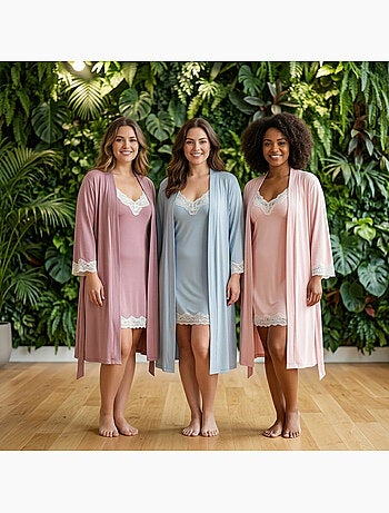 Camisa de noite e quimono mulher 2 peças viscose renda floral ozabi cinto