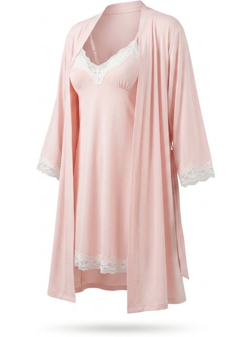 Camisa de noite e quimono mulher 2 peças viscose renda floral ozabi cinto - Kiabi Camisa de noite e quimono mulher 2 peças viscose renda floral ozabi cinto - Kiabi
