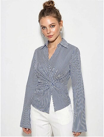 Camisa de popelina às riscas ajustada com detalhe de amarração lucci