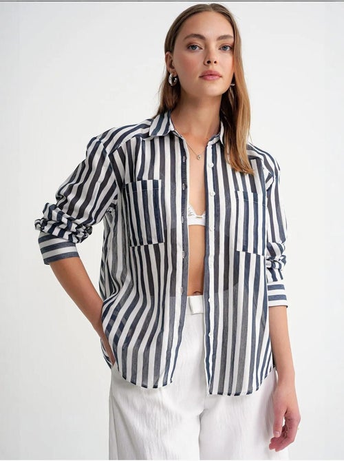 Camisa de popelina às riscas com bolso mixray - Kiabi Camisa de popelina às riscas com bolso mixray - Kiabi