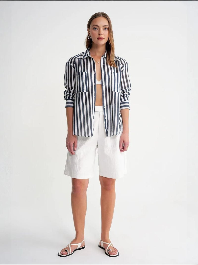 Camisa de popelina às riscas com bolso mixray Azul-marinho - Kiabi