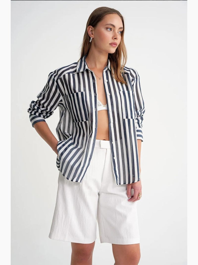Camisa de popelina às riscas com bolso mixray Azul-marinho - Kiabi