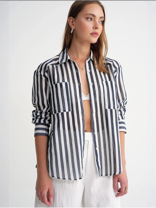 Camisa de popelina às riscas com bolso mixray - Kiabi Camisa de popelina às riscas com bolso mixray - Kiabi