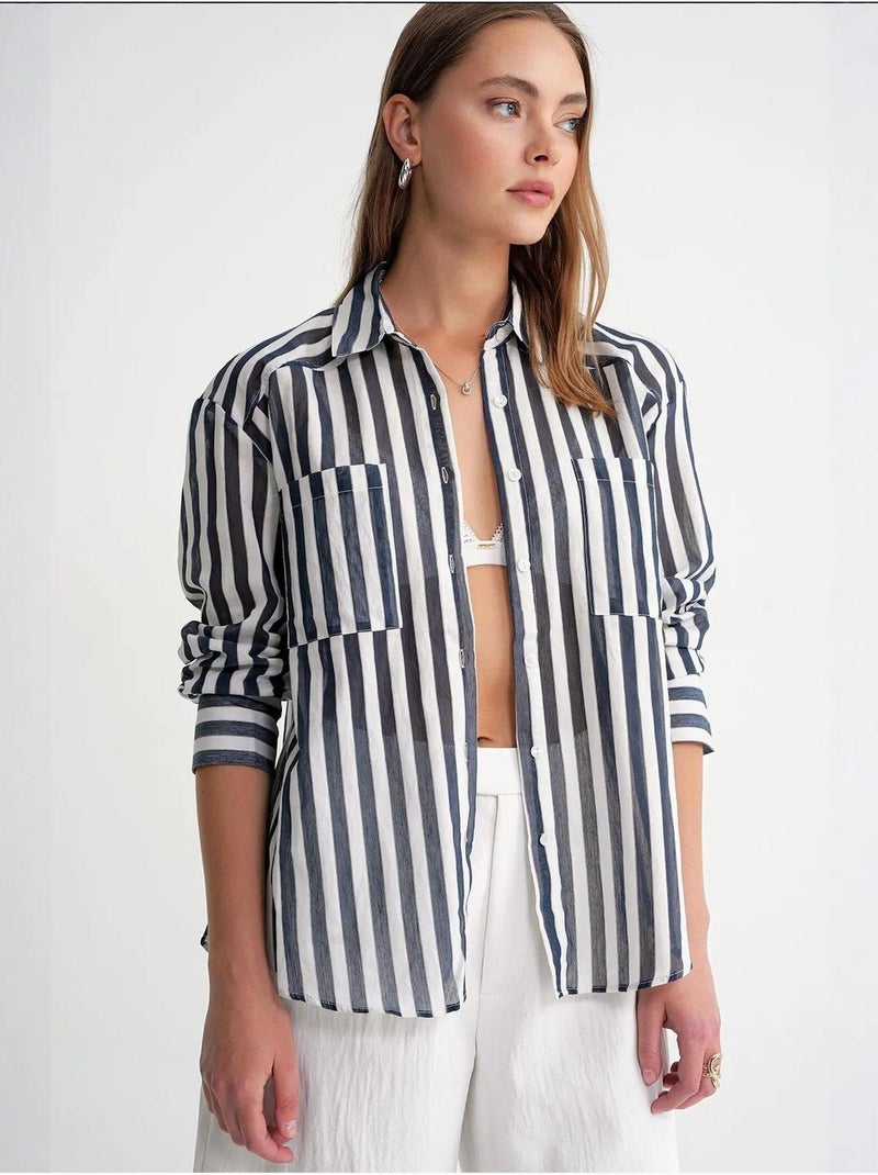 Camisa de popelina às riscas com bolso mixray Azul-marinho - Kiabi