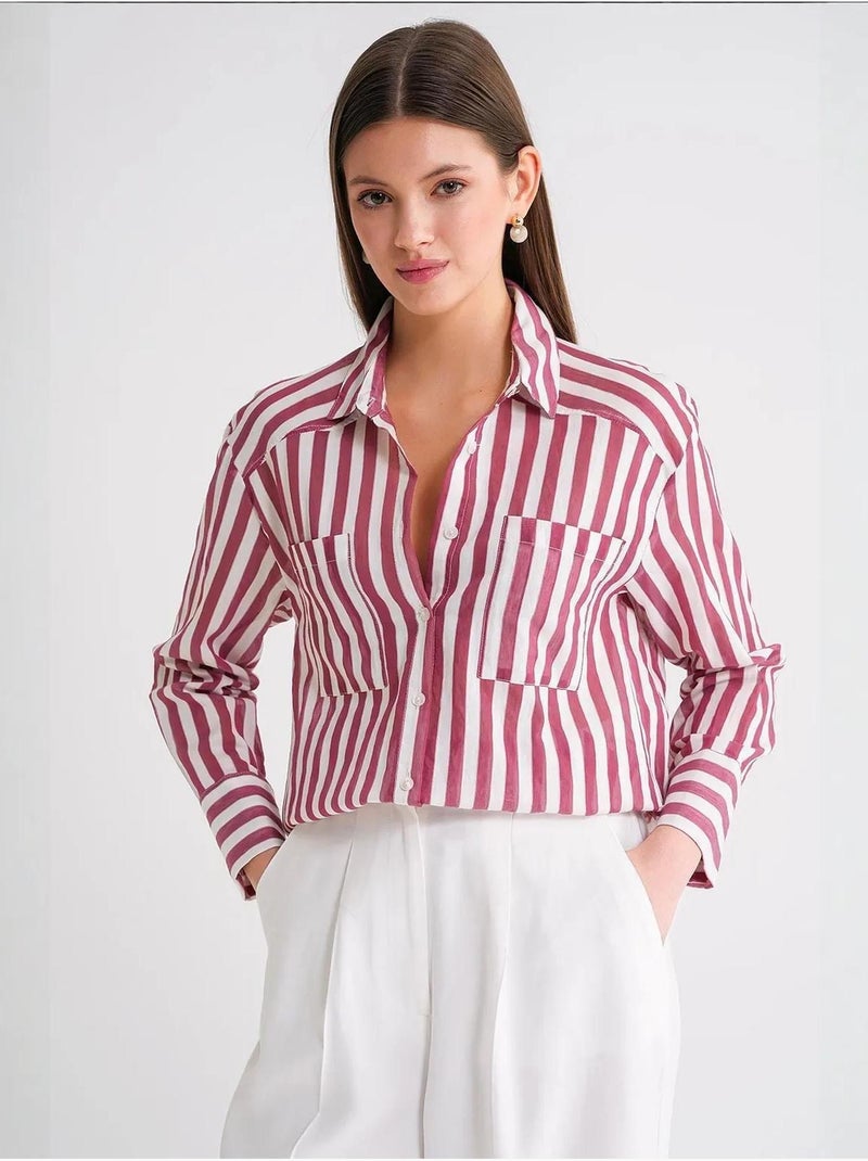 Camisa de popelina às riscas com bolso mixray Vermelho bordô - Kiabi
