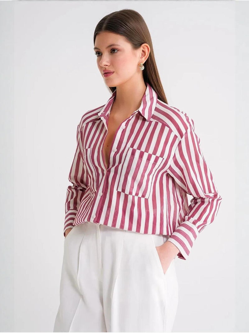 Camisa de popelina às riscas com bolso mixray Vermelho bordô - Kiabi