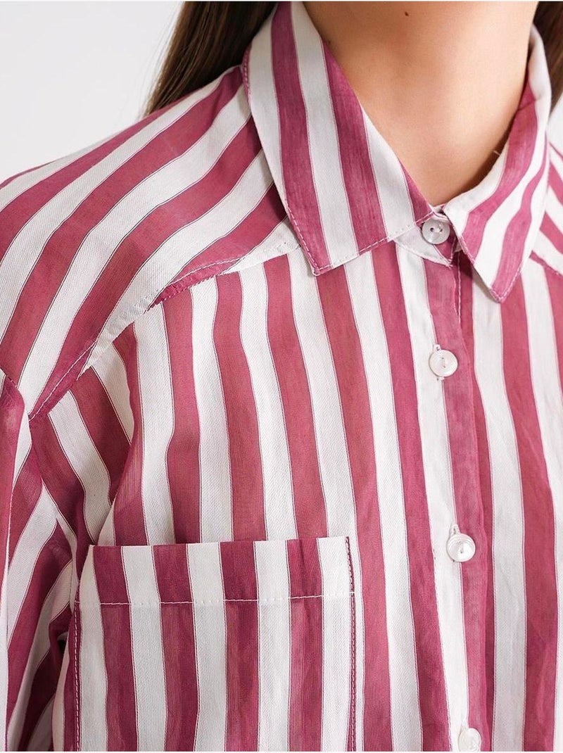 Camisa de popelina às riscas com bolso mixray Vermelho bordô - Kiabi