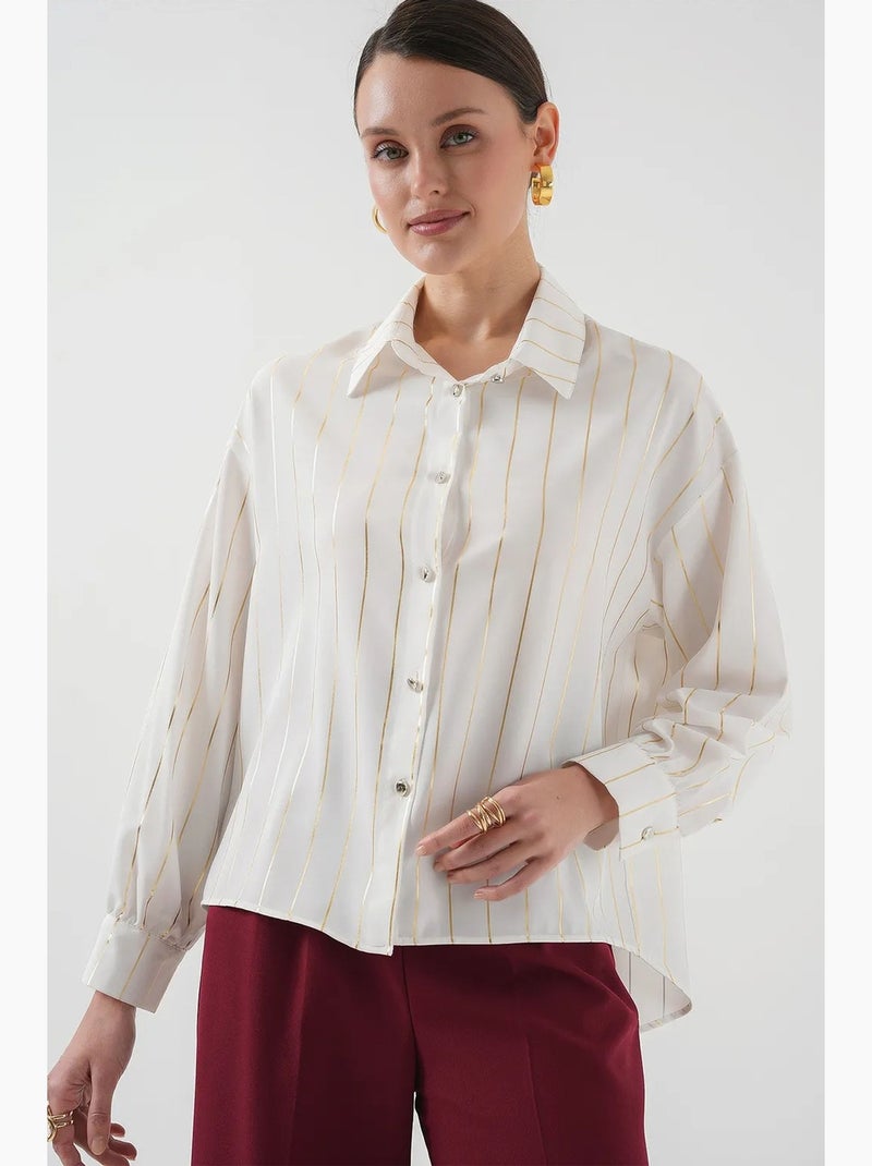 Camisa de popelina às riscas de corte largo com fecho de botões bdart Branco - Kiabi