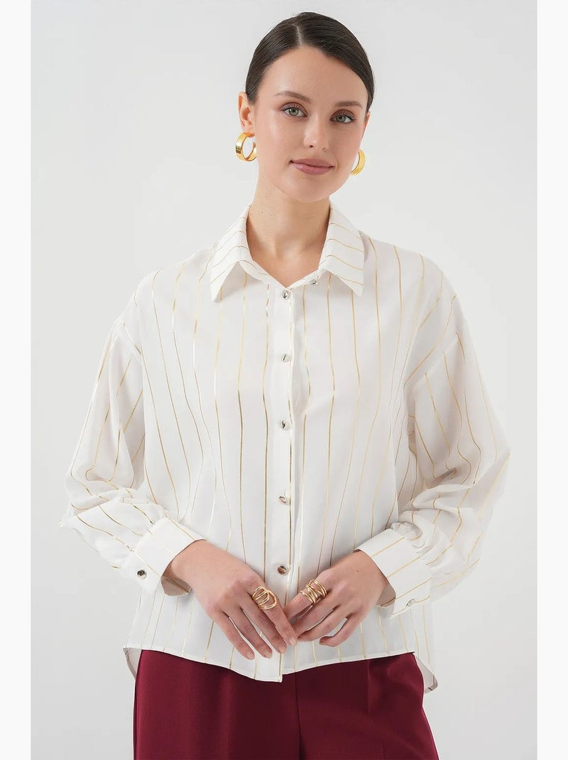 Camisa de popelina às riscas de corte largo com fecho de botões bdart Branco - Kiabi