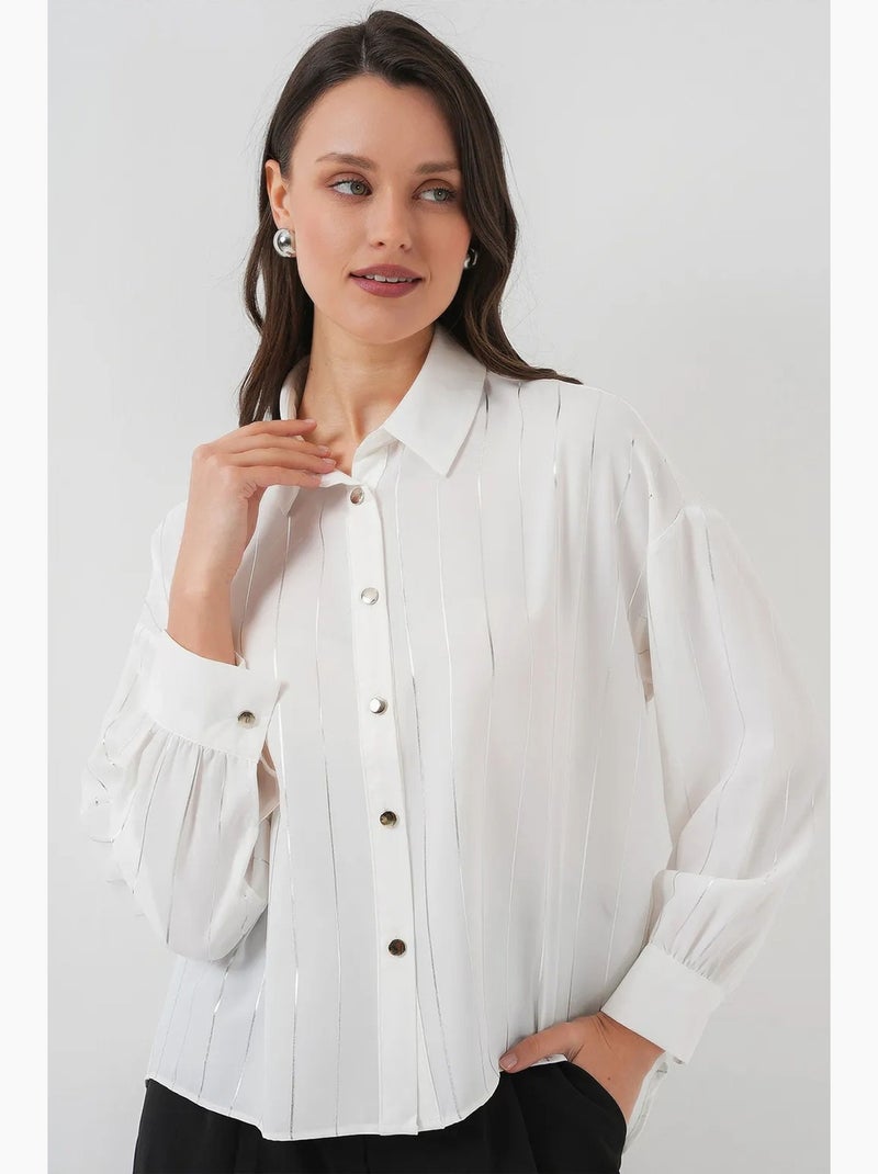Camisa de popelina às riscas de corte largo com fecho de botões bdart Creme - Kiabi