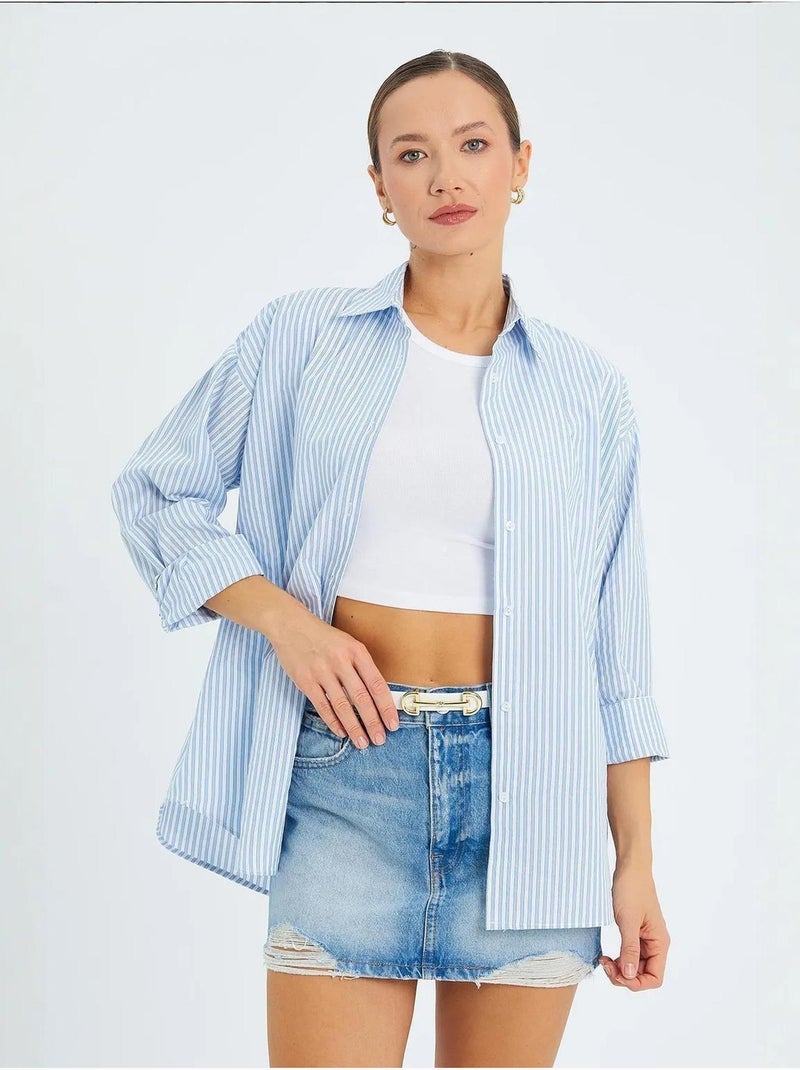 Camisa de popelina às riscas mixray Azul claro - Kiabi