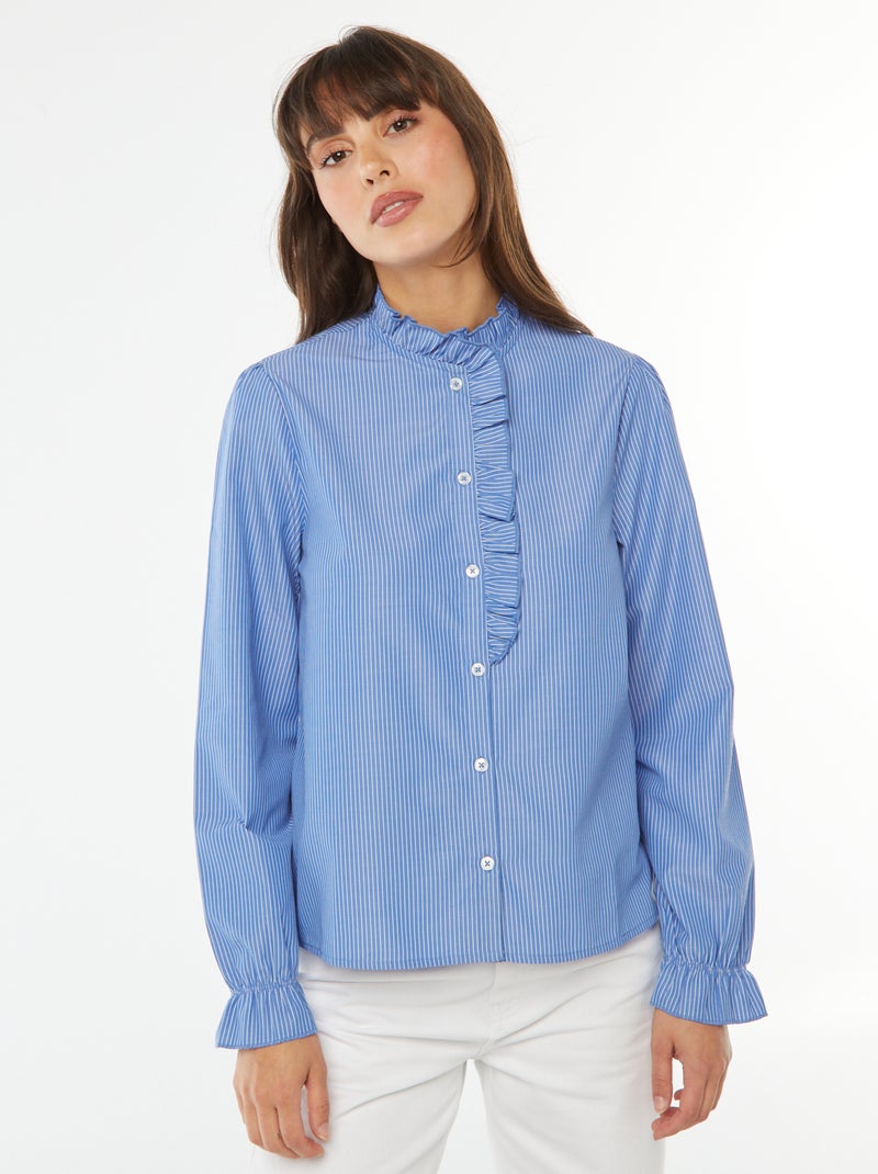 Camisa de popelina com aba com folhos Azul - Kiabi
