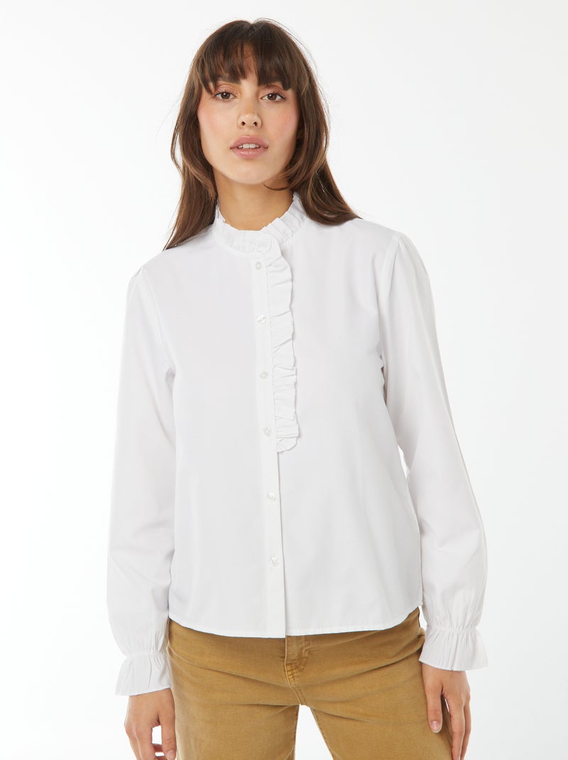 Camisa de popelina com aba com folhos Branco - Kiabi