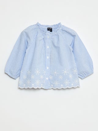 Camisa de popelina com bordados e gola com folhos