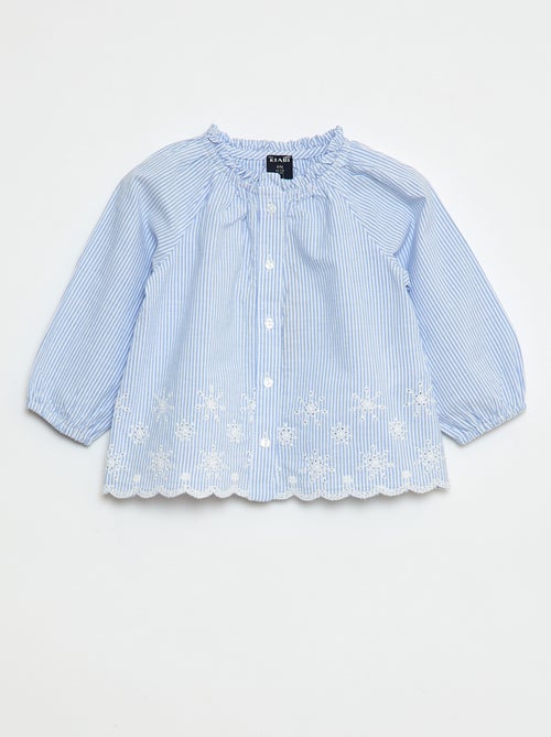 Camisa de popelina com bordados e gola com folhos - Kiabi