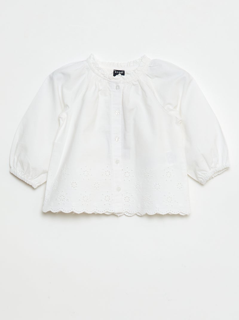 Camisa de popelina com bordados e gola com folhos Branco - Kiabi