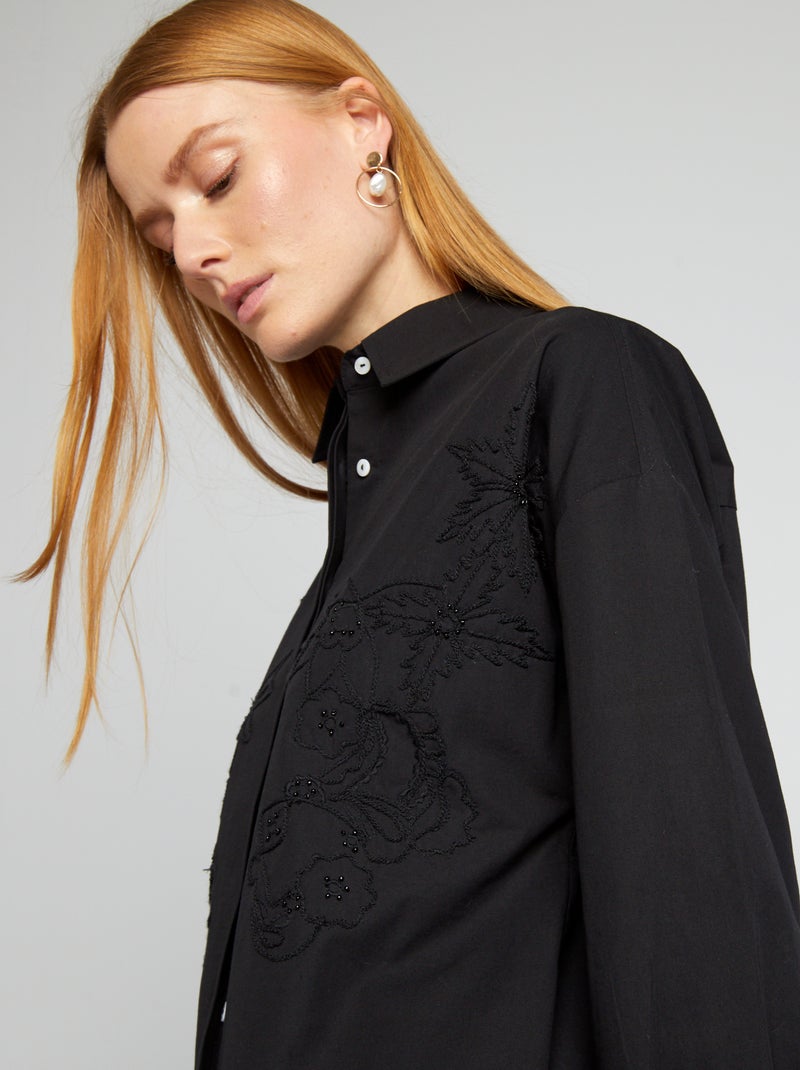 Camisa de popelina com bordados Preto - Kiabi