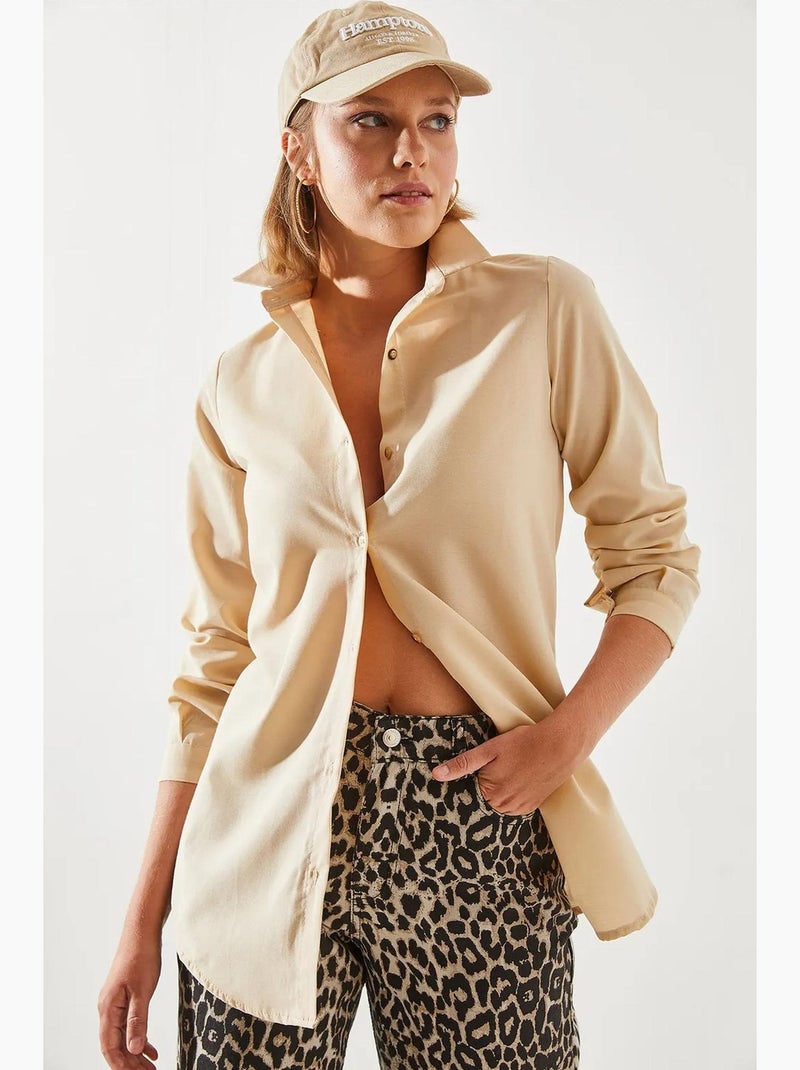 Camisa de popelina com botões lucci Areia - Kiabi