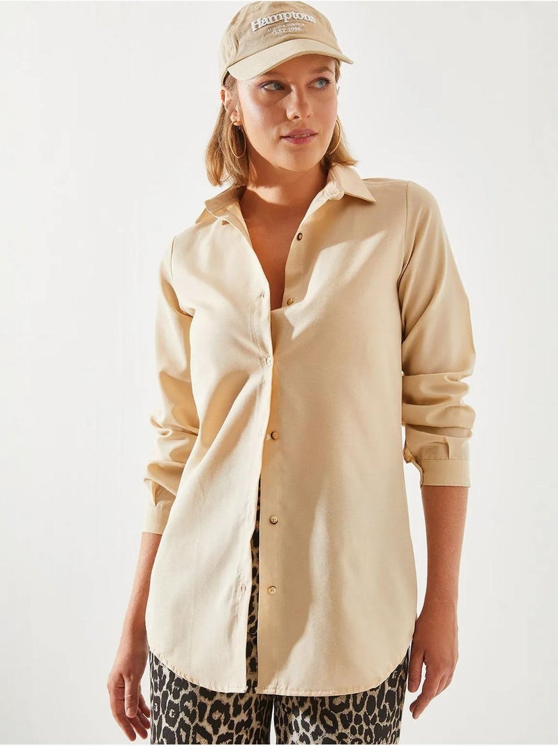Camisa de popelina com botões lucci Areia - Kiabi