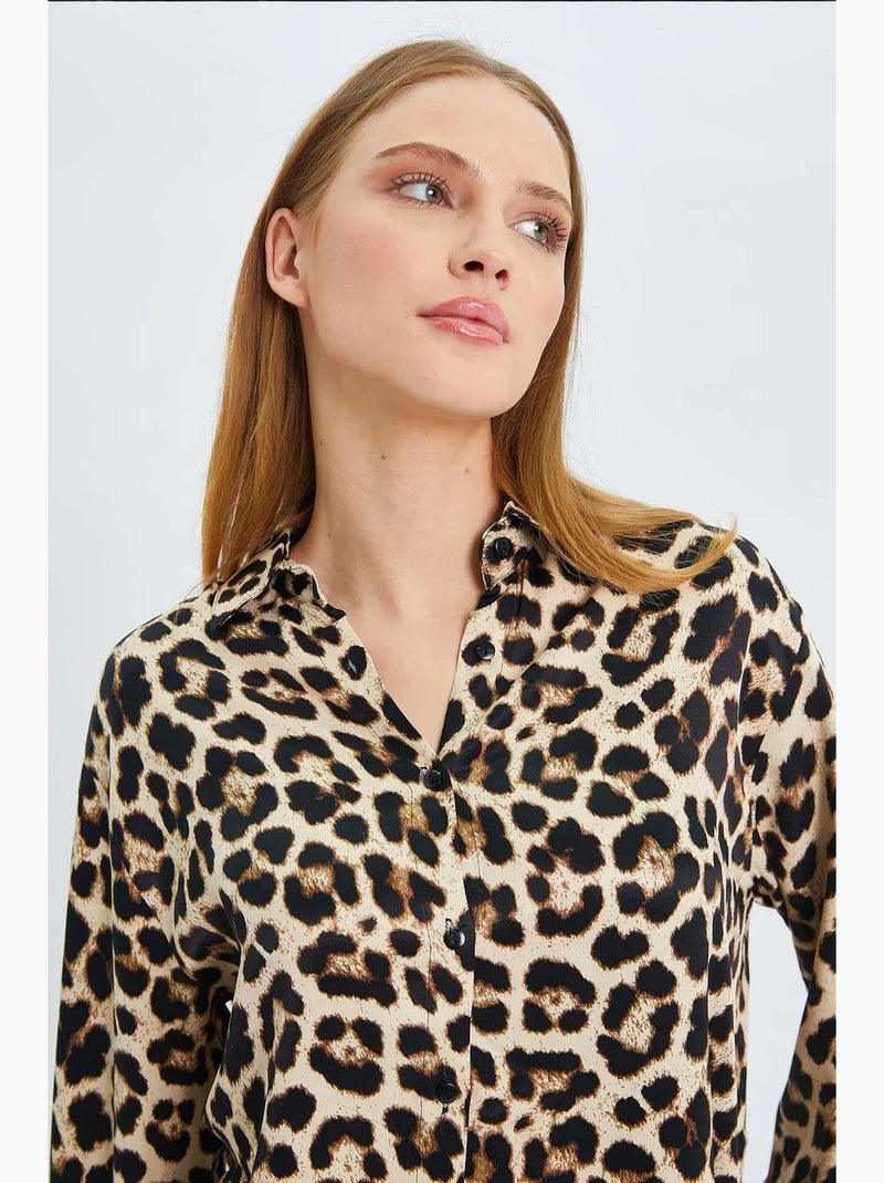 Camisa de popelina com estampado leopardo mixray Bege-argila - Kiabi