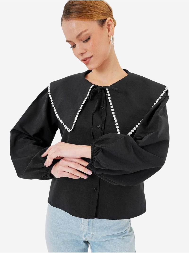 Camisa de popelina com gola bebé e laço bdart Preto - Kiabi
