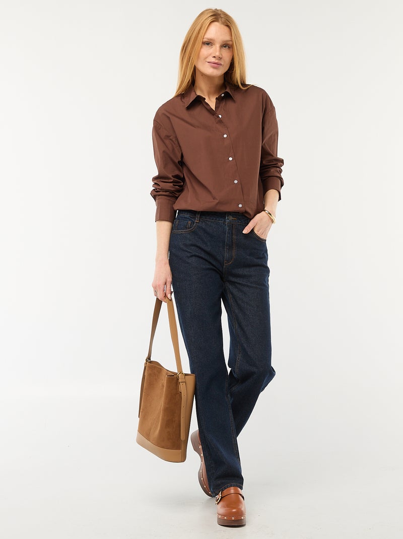 Camisa de popelina com mangas compridas Castanho - Kiabi