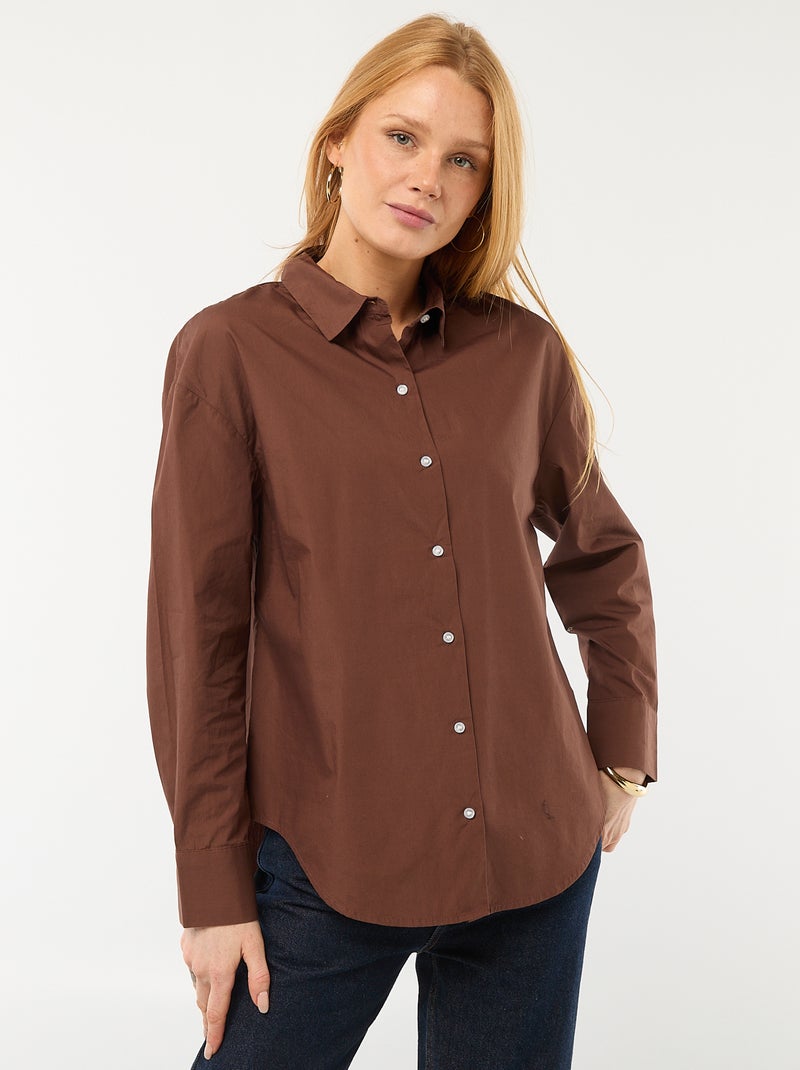 Camisa de popelina com mangas compridas Castanho - Kiabi