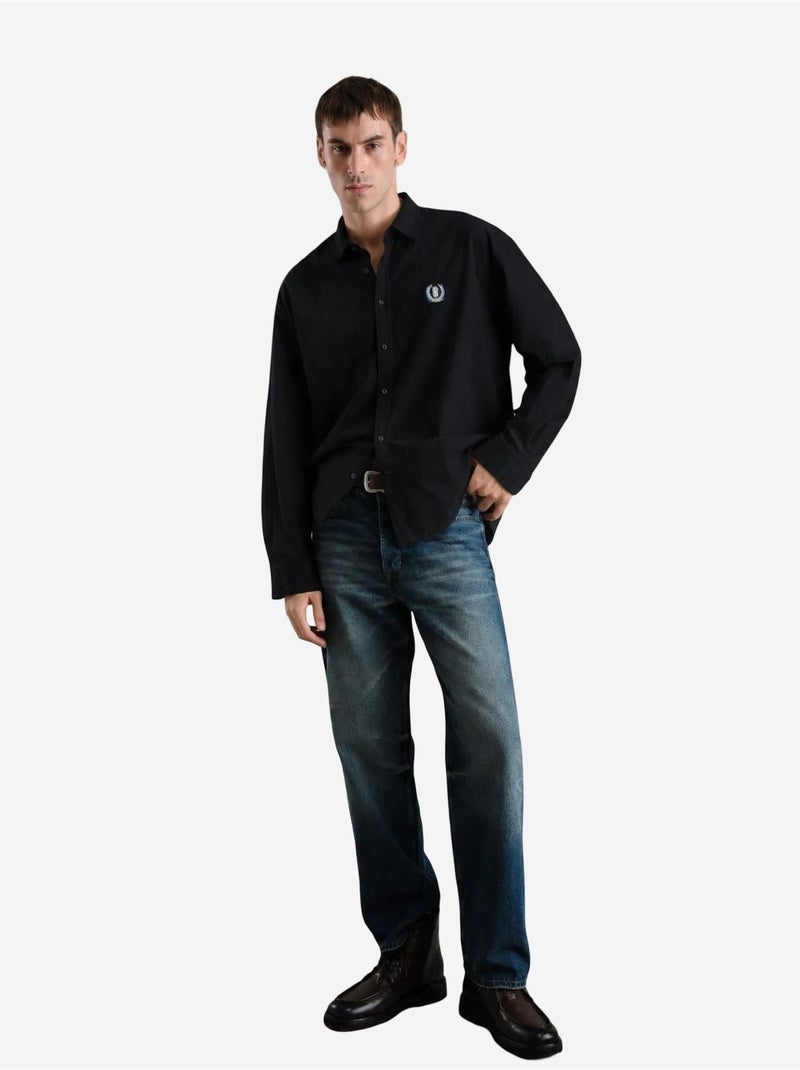 Camisa de popelina de algodão bordada para homem giesto Preto - Kiabi