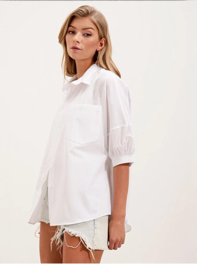 Camisa de popelina de corte largo com bolso bdart Branco - Kiabi